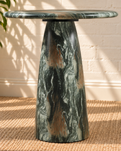 Load image into Gallery viewer, Celine round counter table in Sage green marble-look concrete with a sculptural tapered pedestal base and richly veined finish.

