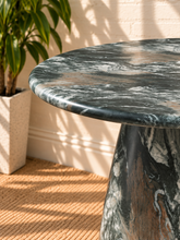 Load image into Gallery viewer, Celine round counter table in Sage green marble-look concrete with a sculptural tapered pedestal base and richly veined finish.
