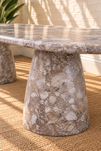 Load image into Gallery viewer, Celine oval dining table in Mocha brown marble finish with two sculptural tapered pedestal bases and rounded tabletop.
