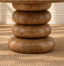 Load image into Gallery viewer, Charlie round natural mango wood dining table with broad tabletop and sculptural rounded pedestal base.
