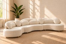 Load image into Gallery viewer, Cianne 3-piece sectional sofa in Creamy White velvet with organic curved seating, rounded pillows, and interchangeable gold or chrome legs.
