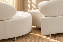 Load image into Gallery viewer, Cianne 3-piece sectional sofa in Creamy White velvet with organic curved seating, rounded pillows, and interchangeable gold or chrome legs.
