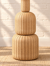 Load image into Gallery viewer, Image 4 of 5: Ciel sculptural floor lamp in natural woven rattan with stacked rounded forms and brass detailing
