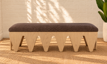 Load image into Gallery viewer, Clark sculptural dining bench in Cocoa Ash with soft brown velour fur upholstery and geometric Oak Veneer base
