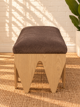 Load image into Gallery viewer, Clark sculptural dining bench in Cocoa Ash with soft brown velour fur upholstery and geometric Oak Veneer base
