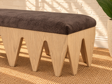 Load image into Gallery viewer, Clark sculptural dining bench in Cocoa Ash with soft brown velour fur upholstery and geometric Oak Veneer base
