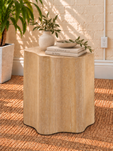 Load image into Gallery viewer, Image 2 of 4: Clemens sculptural side table in Blonde Oak with curved silhouette and vertical oak wood grain.
