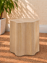 Load image into Gallery viewer, Image 3 of 4: Clemens sculptural side table in Blonde Oak with curved silhouette and vertical oak wood grain.
