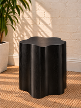 Load image into Gallery viewer, Clemens sculptural charcoal side table with curved Art Deco-inspired silhouette and oak veneer.
