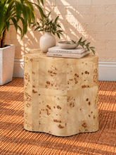Load image into Gallery viewer, Clemens sculptural side table in Natural Burl with organic curved edges and distinctive burl wood grain.
