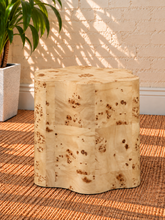 Load image into Gallery viewer, Clemens sculptural side table in Natural Burl with organic curved edges and distinctive burl wood grain.
