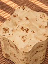 Load image into Gallery viewer, Clemens sculptural side table in Natural Burl with organic curved edges and distinctive burl wood grain.
