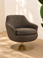 Load image into Gallery viewer, Cleo mocha chenille swivel lounge chair with rounded barrel back, loose seat cushion, and brushed gold pedestal base
