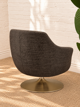 Load image into Gallery viewer, Cleo mocha chenille swivel lounge chair with rounded barrel back, loose seat cushion, and brushed gold pedestal base
