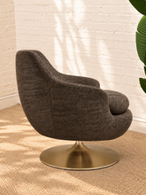 Load image into Gallery viewer, Cleo mocha chenille swivel lounge chair with rounded barrel back, loose seat cushion, and brushed gold pedestal base
