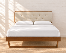 Load image into Gallery viewer, Colette full size bed with walnut angular wood frame and Ivory Beige button-tufted upholstered headboard.
