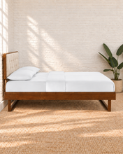 Load image into Gallery viewer, Colette full size bed with walnut angular wood frame and Ivory Beige button-tufted upholstered headboard.
