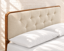 Load image into Gallery viewer, Colette full size bed with walnut angular wood frame and Ivory Beige button-tufted upholstered headboard.
