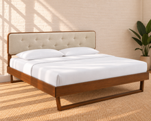 Load image into Gallery viewer, Colette king size bed with walnut angular wood frame and Ivory Beige button-tufted upholstered headboard.
