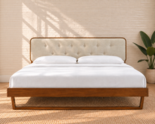 Load image into Gallery viewer, Colette king size bed with walnut angular wood frame and Ivory Beige button-tufted upholstered headboard.
