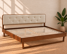 Load image into Gallery viewer, Colette king size bed with walnut angular wood frame and Ivory Beige button-tufted upholstered headboard.
