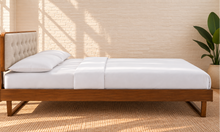 Load image into Gallery viewer, Colette king size bed with walnut angular wood frame and Ivory Beige button-tufted upholstered headboard.
