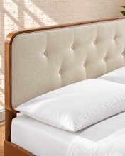 Load image into Gallery viewer, Colette king size bed with walnut angular wood frame and Ivory Beige button-tufted upholstered headboard.
