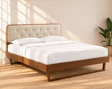Load image into Gallery viewer, Colette queen size bed with walnut angular wood frame and Ivory Beige button-tufted upholstered headboard.
