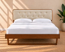 Load image into Gallery viewer, Colette queen size bed with walnut angular wood frame and Ivory Beige button-tufted upholstered headboard.
