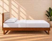 Load image into Gallery viewer, Colette queen size bed with walnut angular wood frame and Ivory Beige button-tufted upholstered headboard.
