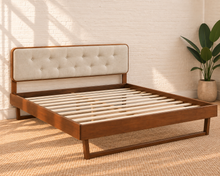 Load image into Gallery viewer, Colette queen size bed with walnut angular wood frame and Ivory Beige button-tufted upholstered headboard.
