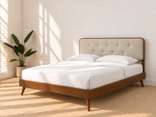 Load image into Gallery viewer, Colette Full Size bed with Walnut wood frame, Ivory Beige tufted upholstered headboard, and tapered rubberwood legs.
