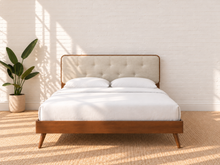 Load image into Gallery viewer, Colette Full Size bed with Walnut wood frame, Ivory Beige tufted upholstered headboard, and tapered rubberwood legs.
