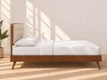 Load image into Gallery viewer, Colette Full Size bed with Walnut wood frame, Ivory Beige tufted upholstered headboard, and tapered rubberwood legs.
