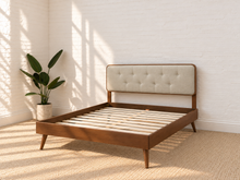 Load image into Gallery viewer, Colette Full Size bed with Walnut wood frame, Ivory Beige tufted upholstered headboard, and tapered rubberwood legs.
