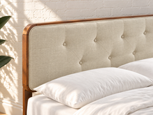 Load image into Gallery viewer, Colette Full Size bed with Walnut wood frame, Ivory Beige tufted upholstered headboard, and tapered rubberwood legs.
