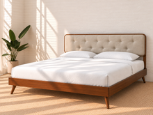 Load image into Gallery viewer, Colette King Size bed with Walnut wood frame, Ivory Beige tufted upholstered headboard, and tapered rubberwood legs.
