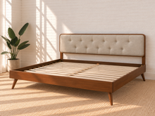 Load image into Gallery viewer, Colette King Size bed with Walnut wood frame, Ivory Beige tufted upholstered headboard, and tapered rubberwood legs.
