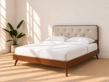 Load image into Gallery viewer, Colette Queen Size bed with Walnut wood frame, Ivory Beige tufted upholstered headboard, and tapered rubberwood legs.

