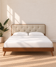 Load image into Gallery viewer, Colette Queen Size bed with Walnut wood frame, Ivory Beige tufted upholstered headboard, and tapered rubberwood legs.
