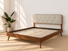 Load image into Gallery viewer, Colette Queen Size bed with Walnut wood frame, Ivory Beige tufted upholstered headboard, and tapered rubberwood legs.
