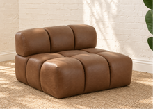 Load image into Gallery viewer, Colton four-piece sectional sofa in mocha brown genuine leather with rounded backrests, plush foam seating and sculptural channel-style upholstery.
