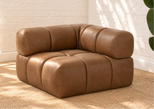 Load image into Gallery viewer, Colton four-piece sectional sofa in mocha brown genuine leather with rounded backrests, plush foam seating and sculptural channel-style upholstery.
