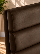 Load image into Gallery viewer, Conrad upholstered dining chair in Espresso velvet with deep channel-tufted back and sculptural upholstered frame
