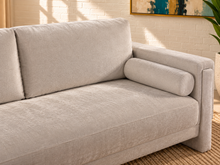 Load image into Gallery viewer, Corinne sofa in Greige chenille fabric with two back cushions, matching bolster pillows, structured arms, and contemporary design.
