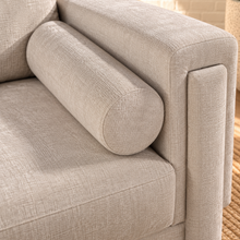 Load image into Gallery viewer, Corinne sofa in Greige chenille fabric with two back cushions, matching bolster pillows, structured arms, and contemporary design.
