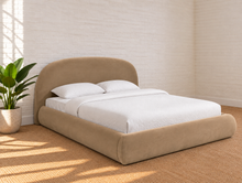 Load image into Gallery viewer, Curtis queen-size upholstered bed in Mocha velvet with curved headboard and rounded footboard
