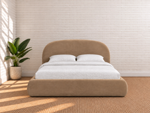 Load image into Gallery viewer, Curtis queen-size upholstered bed in Mocha velvet with curved headboard and rounded footboard
