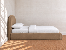 Load image into Gallery viewer, Curtis queen-size upholstered bed in Mocha velvet with curved headboard and rounded footboard

