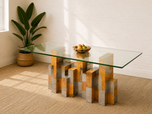 Load image into Gallery viewer, Vintage Paul Evans Brutalist dining table with glass top and sculptural mixed-metal and burl wood geometric cityscape base.
